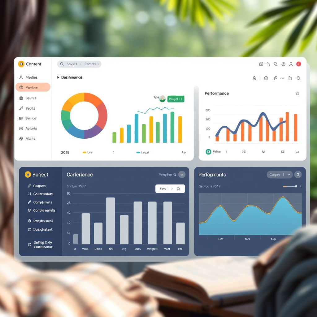 Moderní dashboard systému pro správu obsahu s intuitivním rozhraním, grafy výkonnosti a nástroji pro organizaci informací