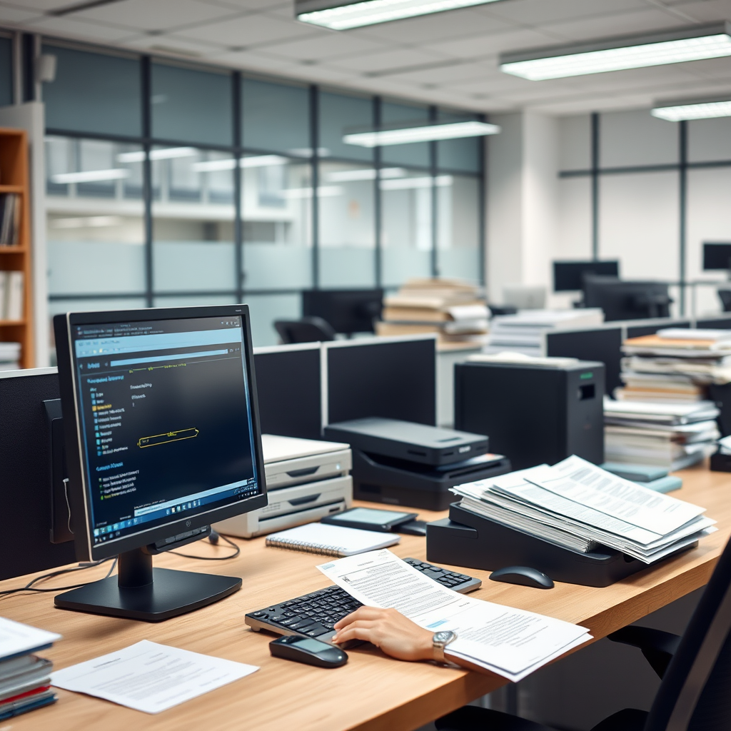 Moderní digitální zpracování dokumentů s počítačem, skenery a organizovanými soubory v profesionálním kancelářském prostředí