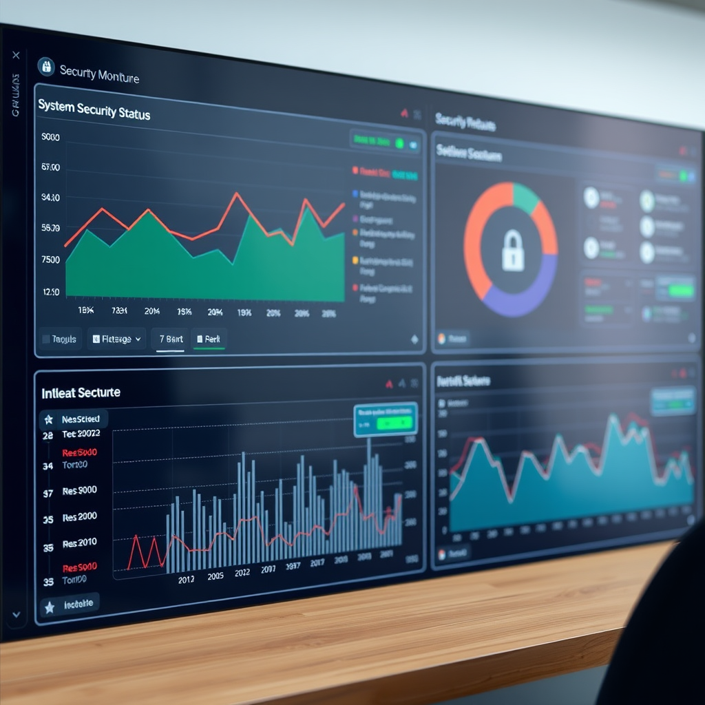 Moderní dashboard pro monitorování bezpečnosti s grafy, alertami a statistikami v reálném čase zobrazující stav zabezpečení systému