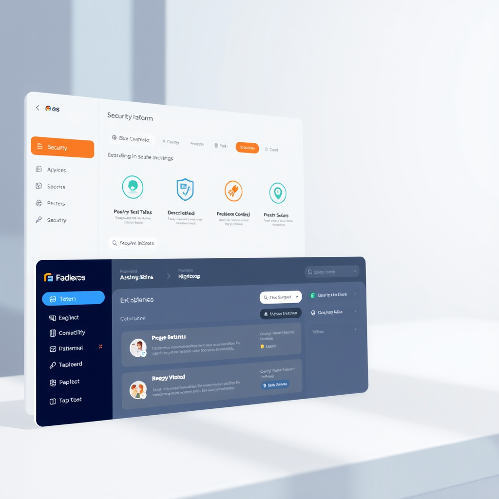 Čisté a intuitivní uživatelské rozhraní digitální platformy s bezpečnostními indikátory, zobrazující dashboard s ikonami zabezpečení, notifikacemi a přehledným navigačním menu v moderním designu