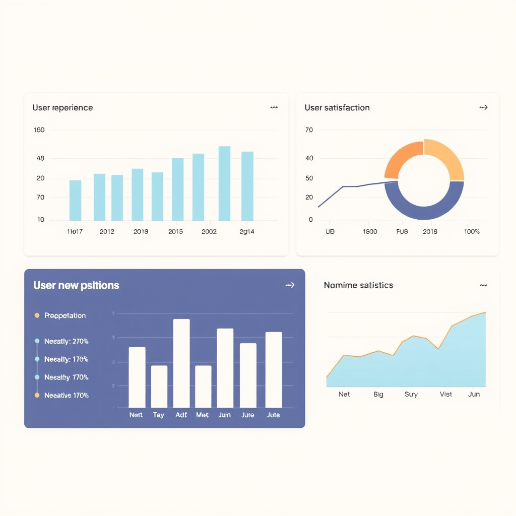 Analytický dashboard zobrazující metriky uživatelského zážitku, grafy spokojenosti uživatelů a statistiky navigace na béžovém pozadí s tmavým textem