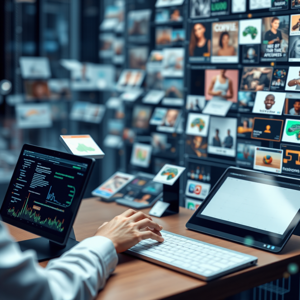 Vizualizace umělé inteligence organizující digitální obsah pomocí algoritmů a automatických kategorií