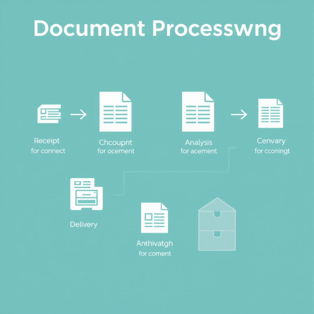 Infografika zobrazující čtyřstupňový proces zpracování dokumentů od příjmu přes analýzu až po dodání a archivaci