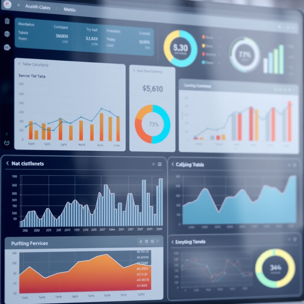 Náhled analytického dashboardu s různými grafy, metrikami a vizualizacemi dat zobrazujícími trendy výkonnosti