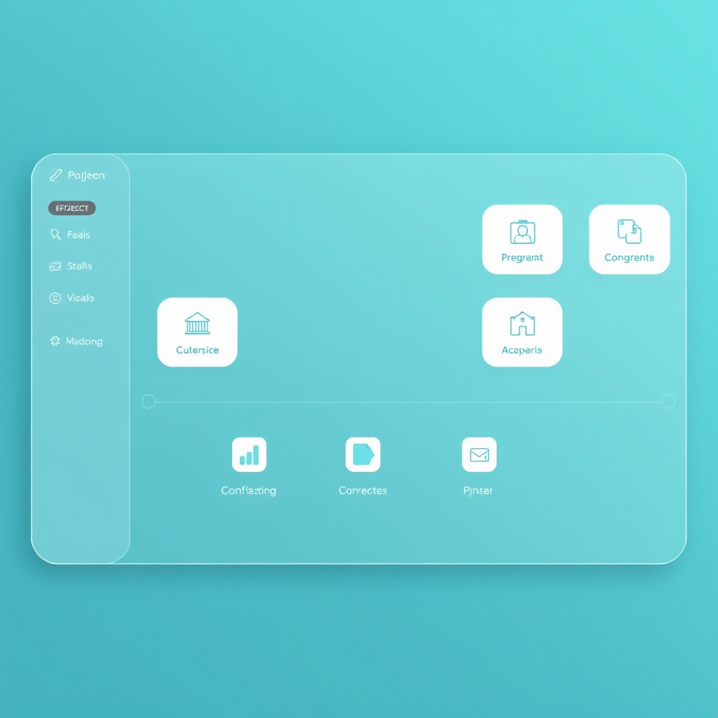 Zjednodušené digitální platformové rozhraní s čistými liniemi, intuitivními ikonami a moderním designem na teal pozadí, zobrazující efektivní navigační strukturu