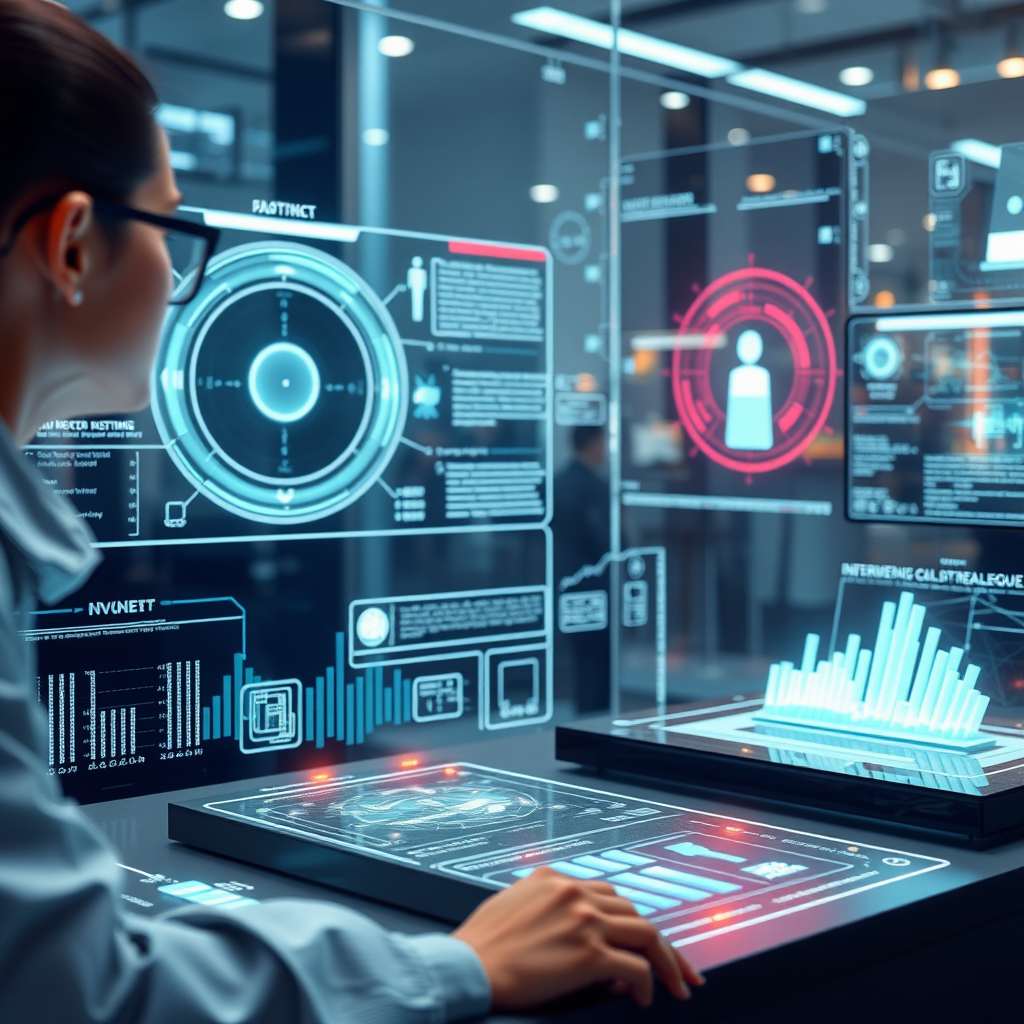 Futuristická vizualizace pokročilých informačních systémů s holografickými rozhraními a inteligentními asistenty