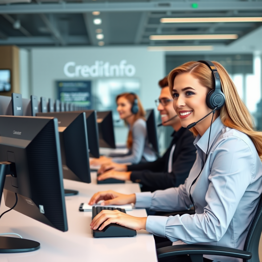 Profesionální tým zákaznické podpory CreditasInfo sedící u moderních pracovních stanic s headsets, připravený poskytovat pomoc uživatelům platformy
