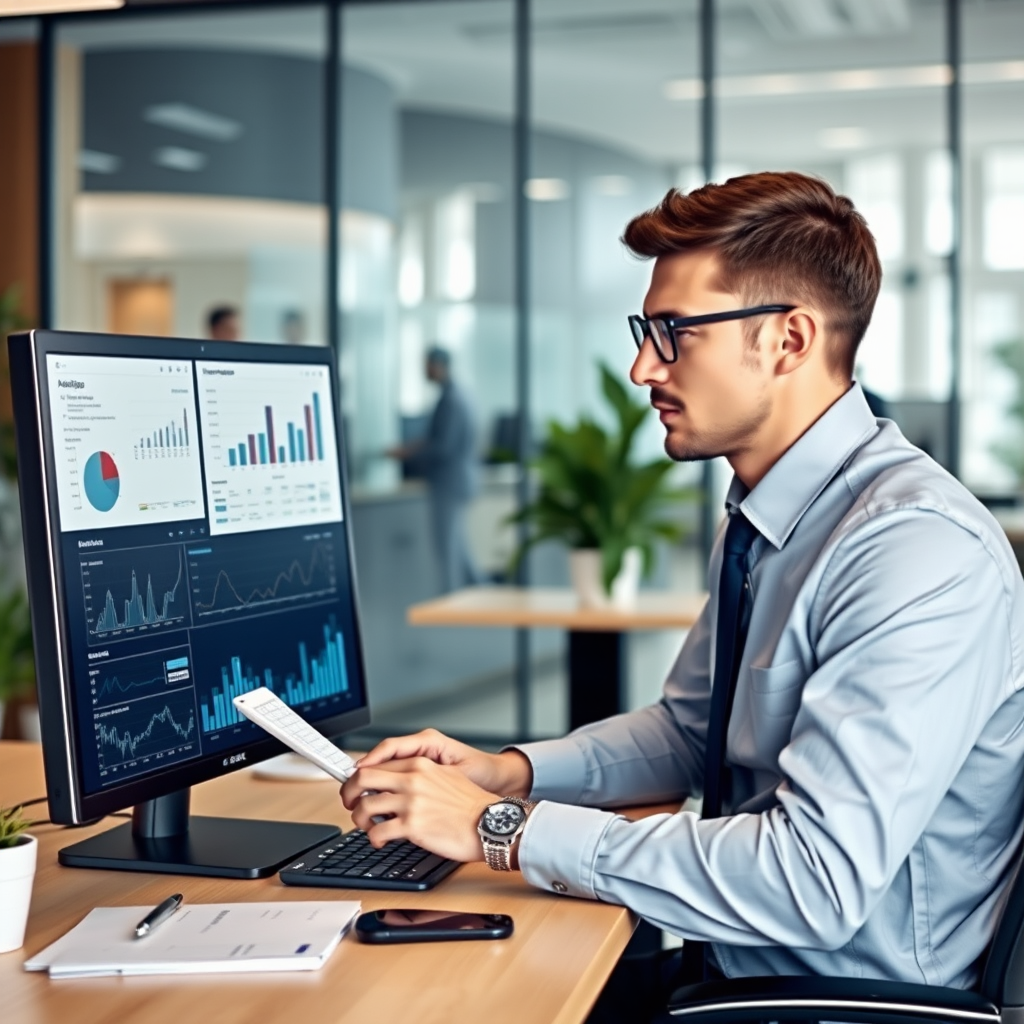 Obchodní analytik pracující s grafy a metrikami na počítači v moderní kanceláři