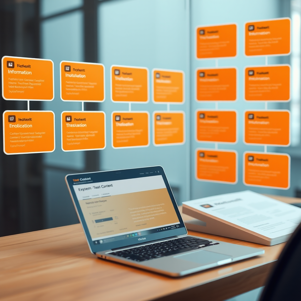 Profesionální systém správy obsahu s organizovanými informačními bloky v amber barvách, ukazující efektivní prezentaci a strukturování digitálního obsahu
