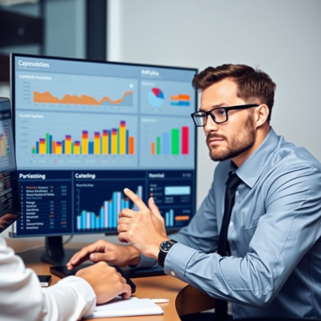 Marketingový specialista analyzující kampaně a ROI na dashboardu s barevnými grafy