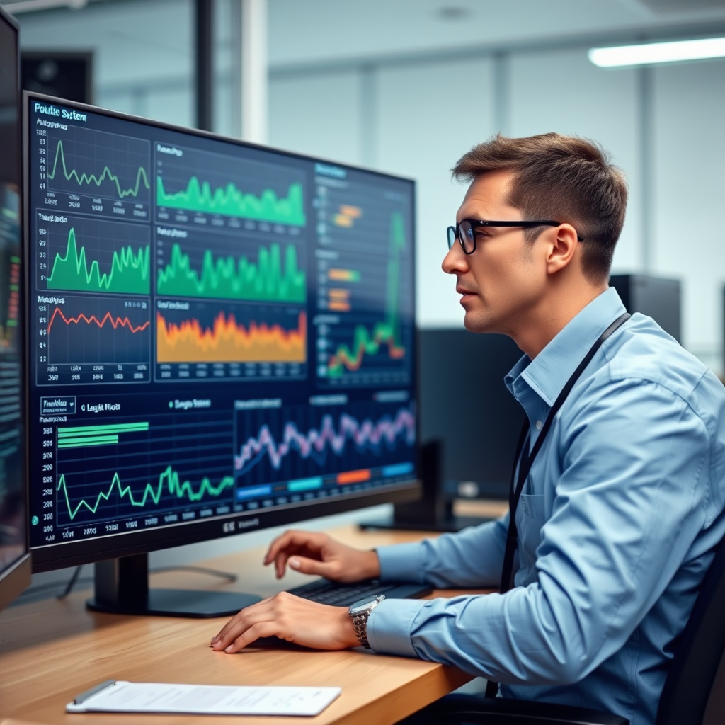 IT specialista monitorující výkonnost systémů na velkém monitoru s real-time metrikami